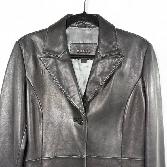Vintage 90s Guess Genuine Leather Longline Blazer Coat‎ Jacket Black Medium Y2K - Picture 5 of 13